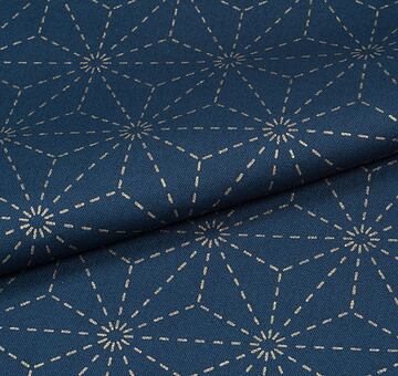 Cotton sashiko fabric with wash-out hemp leaf pattern, indigo blue