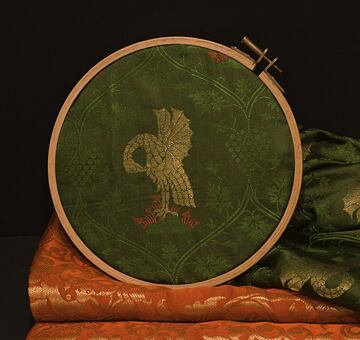 Hand woven brocade, pelican, 100% silk with gold, olive