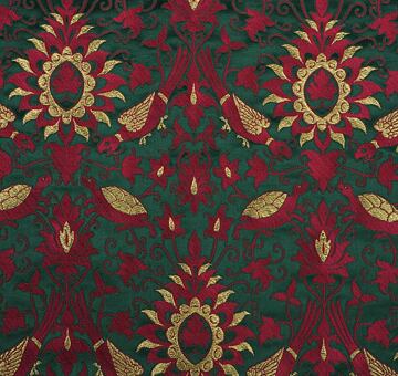 Tortoise and parrot brocade, silk blend, green and red